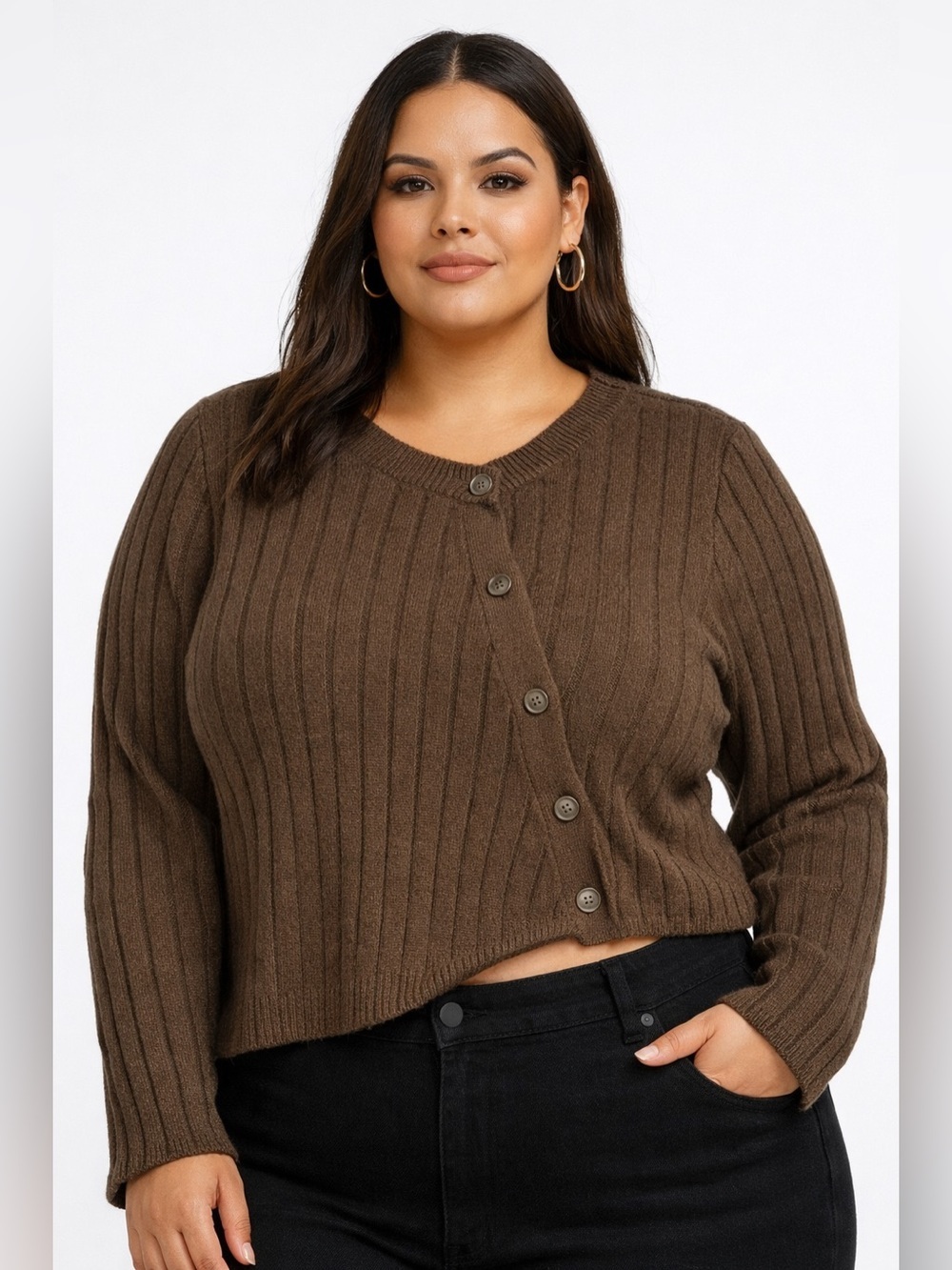 ASOS Collusion Brown Asymmetric Knitted Ribbed Cardigan Sweater Plus Size NWOT